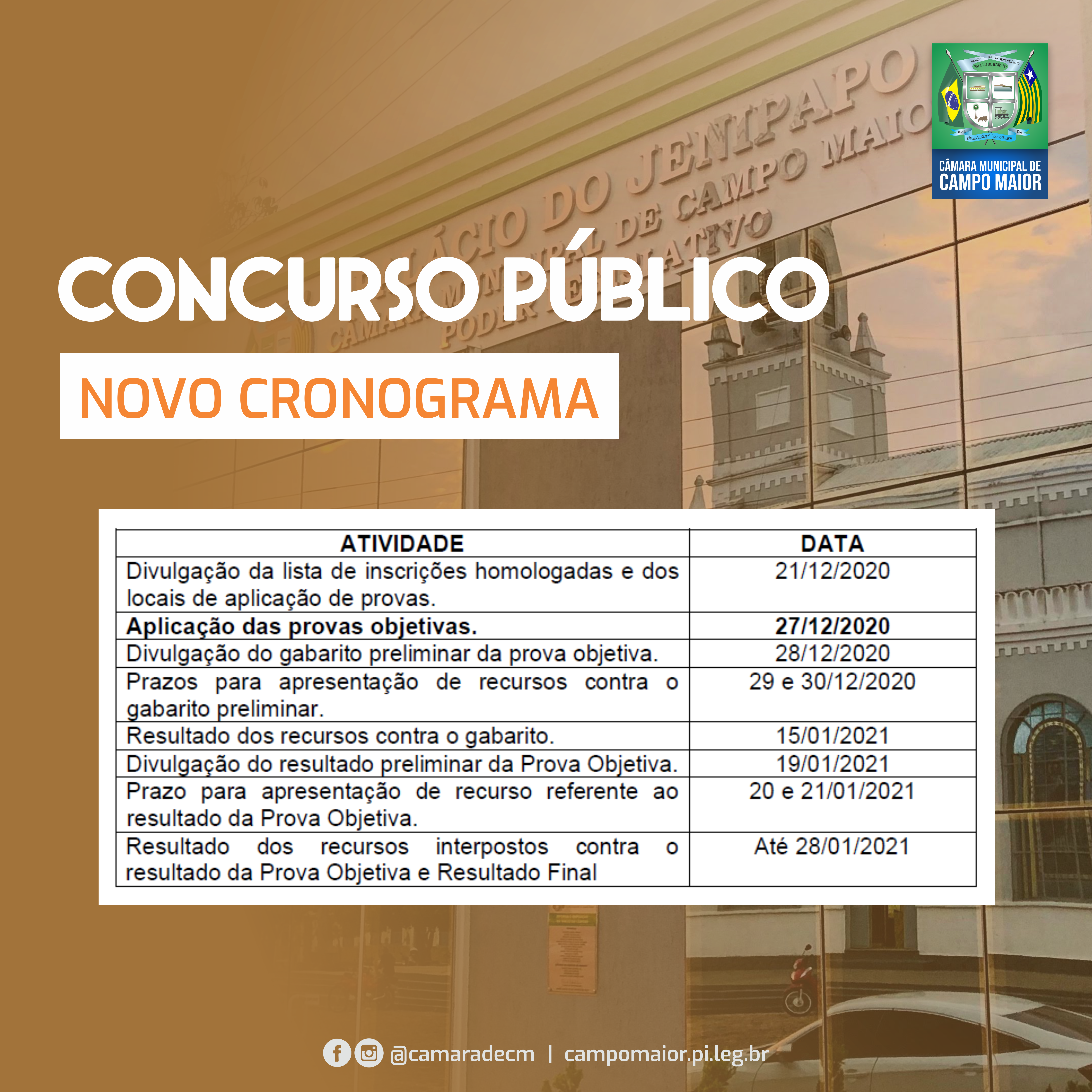 Banca divulga novo cronograma para o concurso da Câmara de Campo Maior